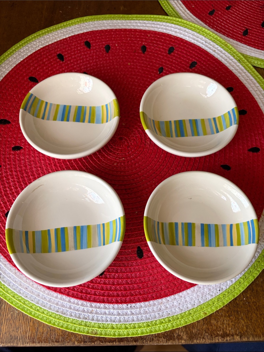 Beach House White Ceramic Bowls with Blue, Green & Yellow Stripes